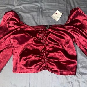 Dark Red Satin Trumpet Sleeve synched button Top